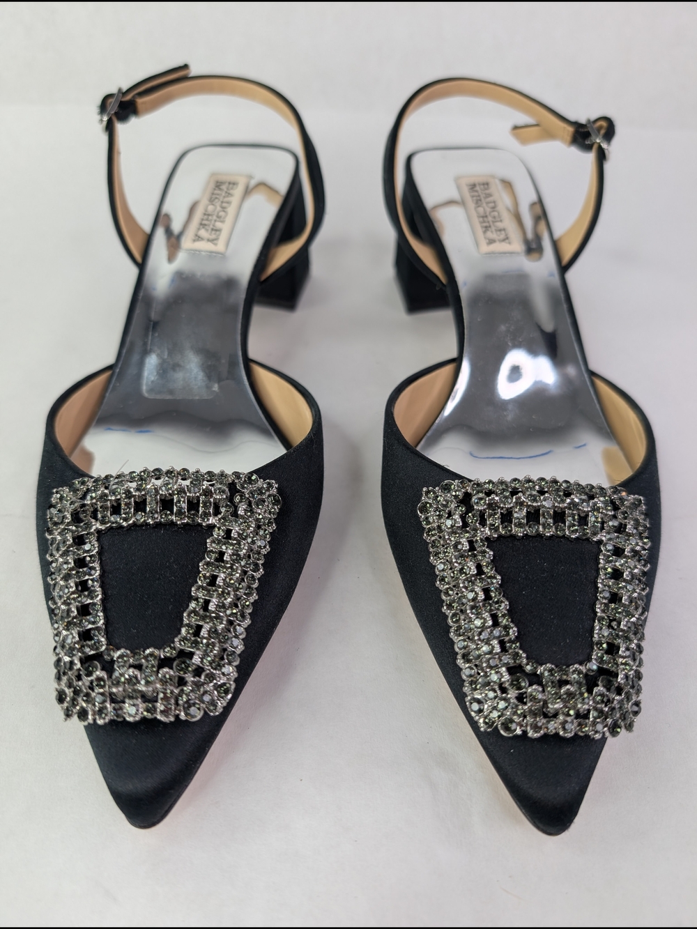 Badgley Mischka Black Satin Pointed Slingback Square Heels Crystal Buckle 7.5 - Picture 6 of 9